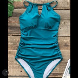 NWT CUPSHE Halter Lace-Up Back One Piece Swimsuit (Teal) — Size Large